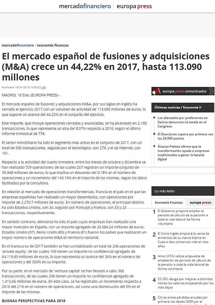 El mercado espaol de fusiones y adquisiciones (M&A) crece un 44,22% en 2017, hasta 113.090 millones